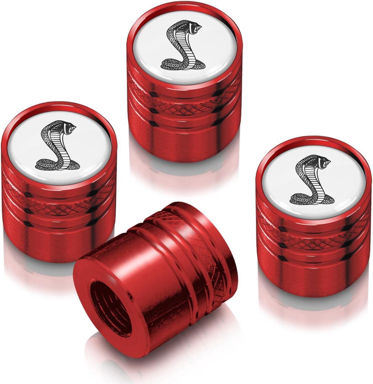 Main image of Ford Mustang Cobra in White on Red Aluminum Cylinder-Style Tire Valve Stem Caps
