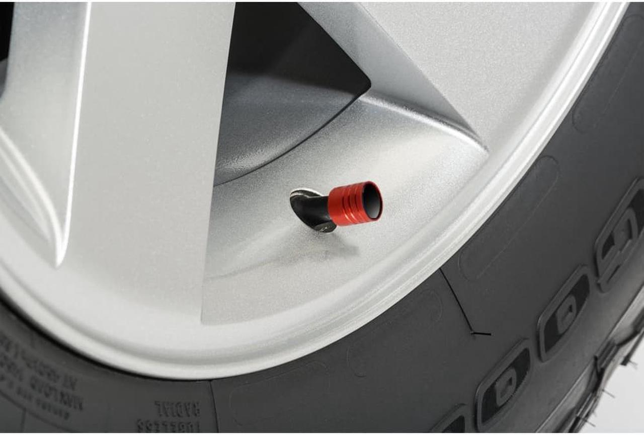 Alt view image 2 of 4 - GMC Red Logo in Black on Red Aluminum Cylinder-Style Tire Valve Stem Caps