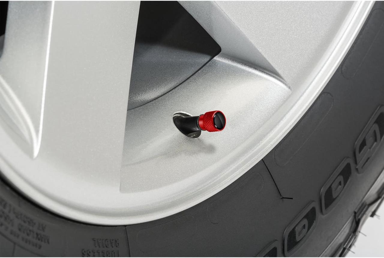Alt view image 2 of 4 - HEMI Logo in Black on Red Aluminum Tire Valve Stem Caps for Dodge Jeep RAM