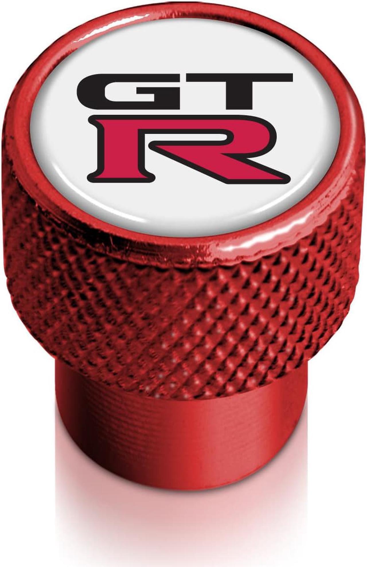Main image of Nissan GT-R in White on Red Aluminum Tire Valve Stem Caps