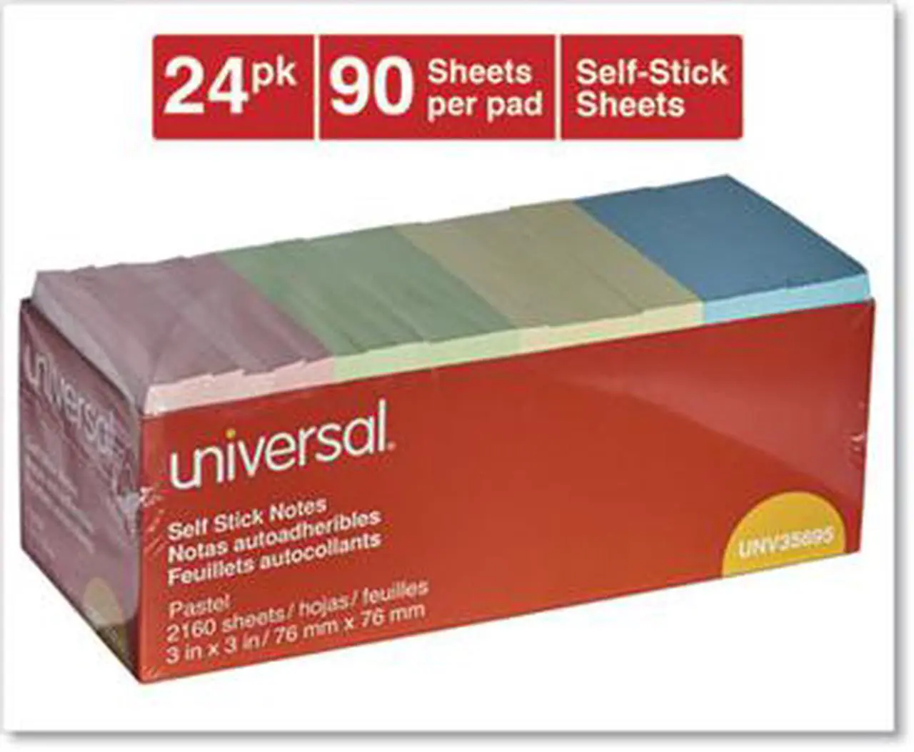 Alt view image 7 of 20 - Universal Self-Stick Note Pads, 3" x 3", Pastel, 90-Sheet, 24/Pack