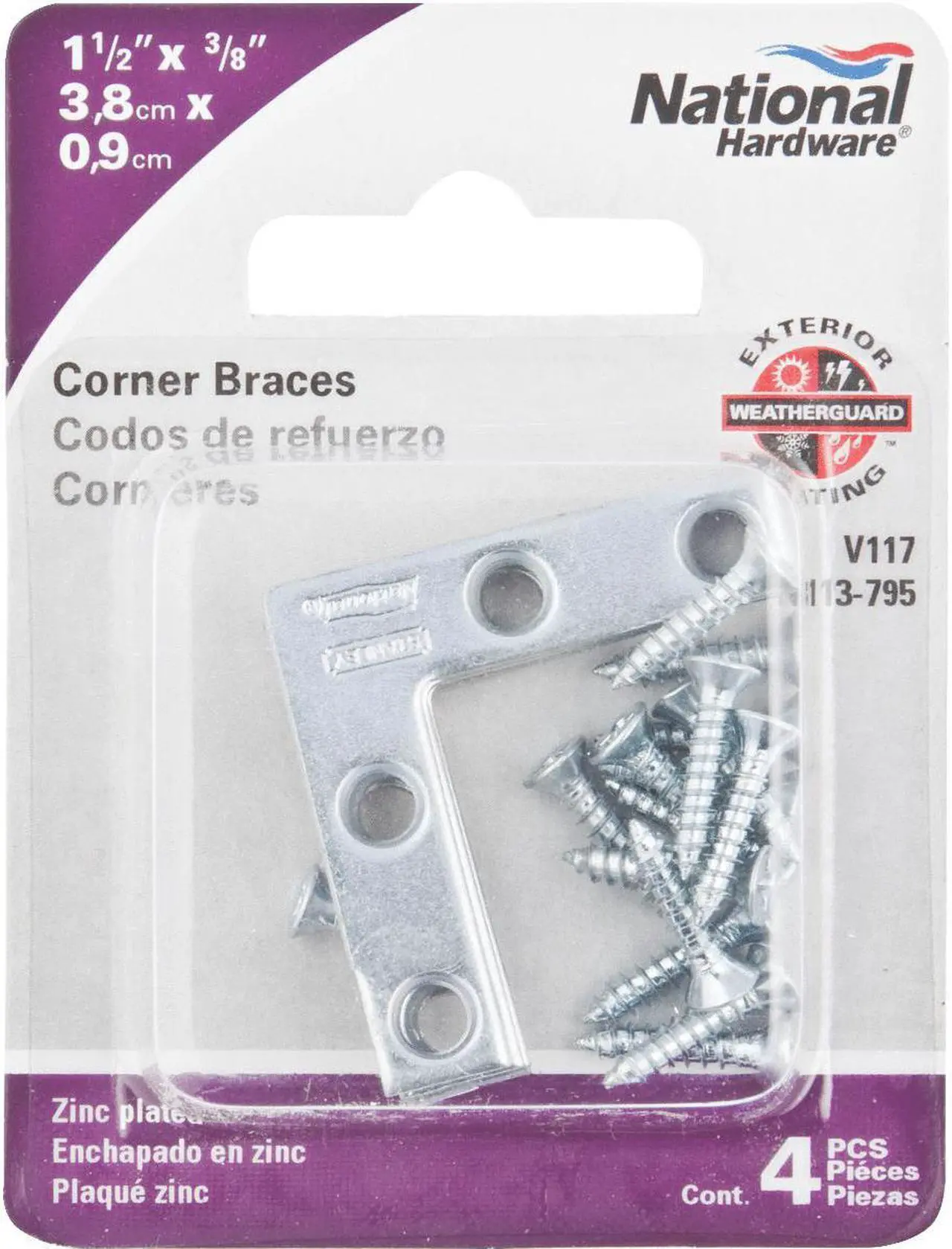 Alt view image 4 of 5 - National, N113-795, 4 Pack, 1-1/2" x 3/8", Zinc, Flat Corner Iron