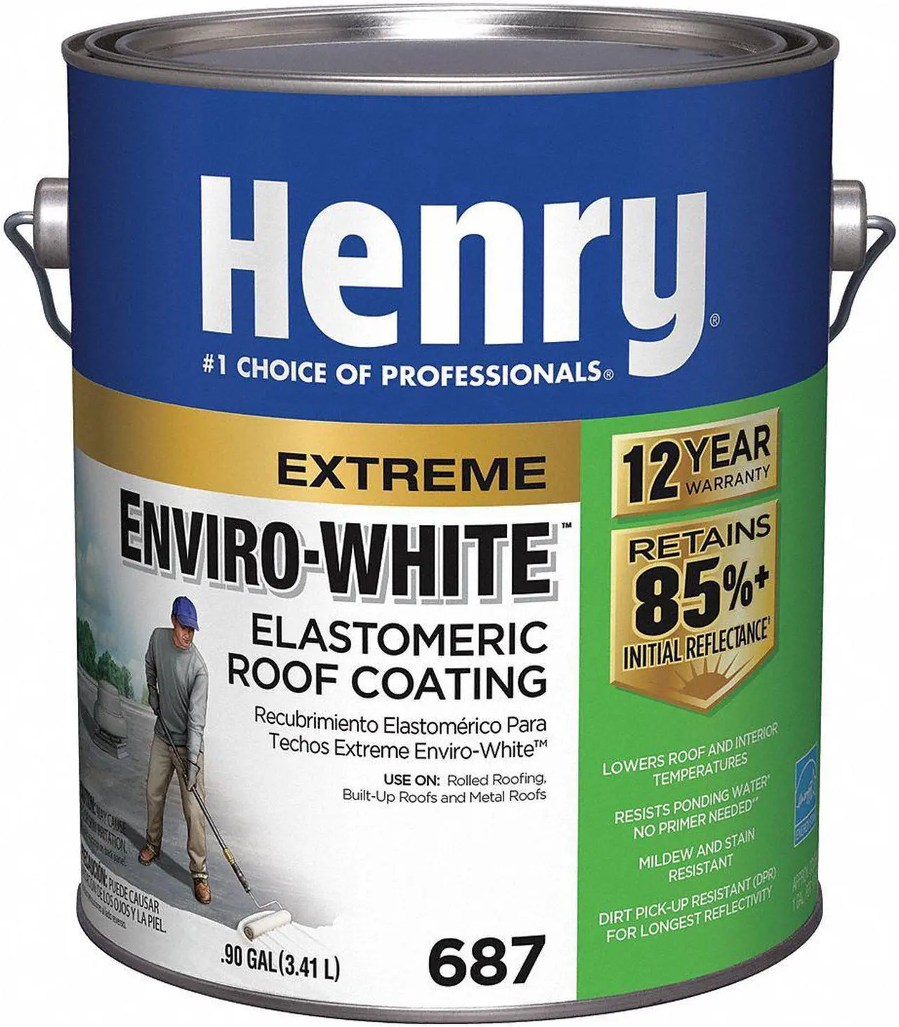 Alt view image 2 of 3 - HENRY HE687046 Elastomeric Roof Coating, 1 gal, Pail, White
