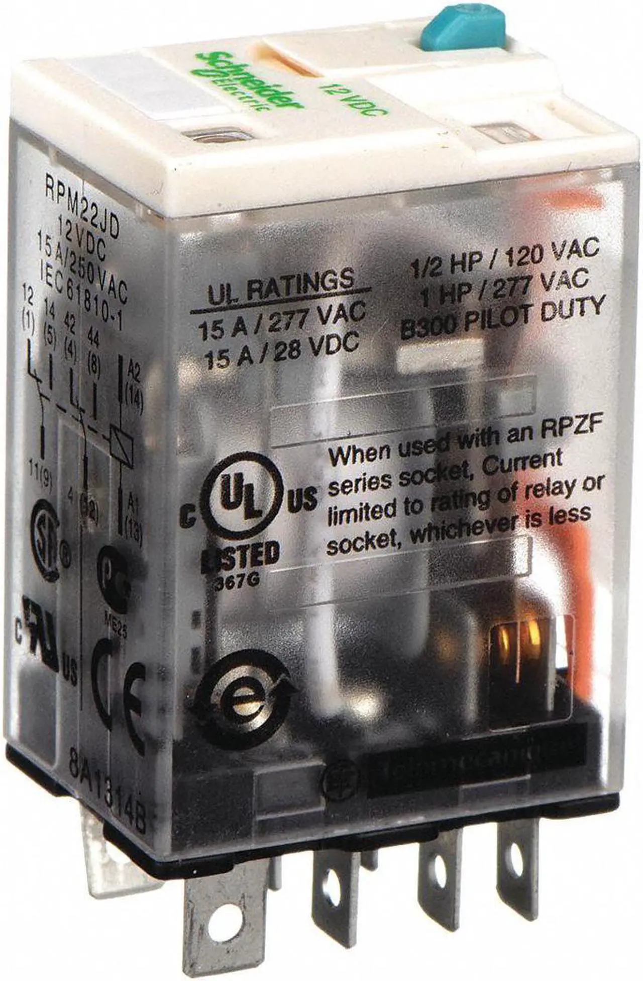 Main image of SCHNEIDER ELECTRIC RPM22JD General Purpose Relay, 12V DC Coil Volts, Square, 8