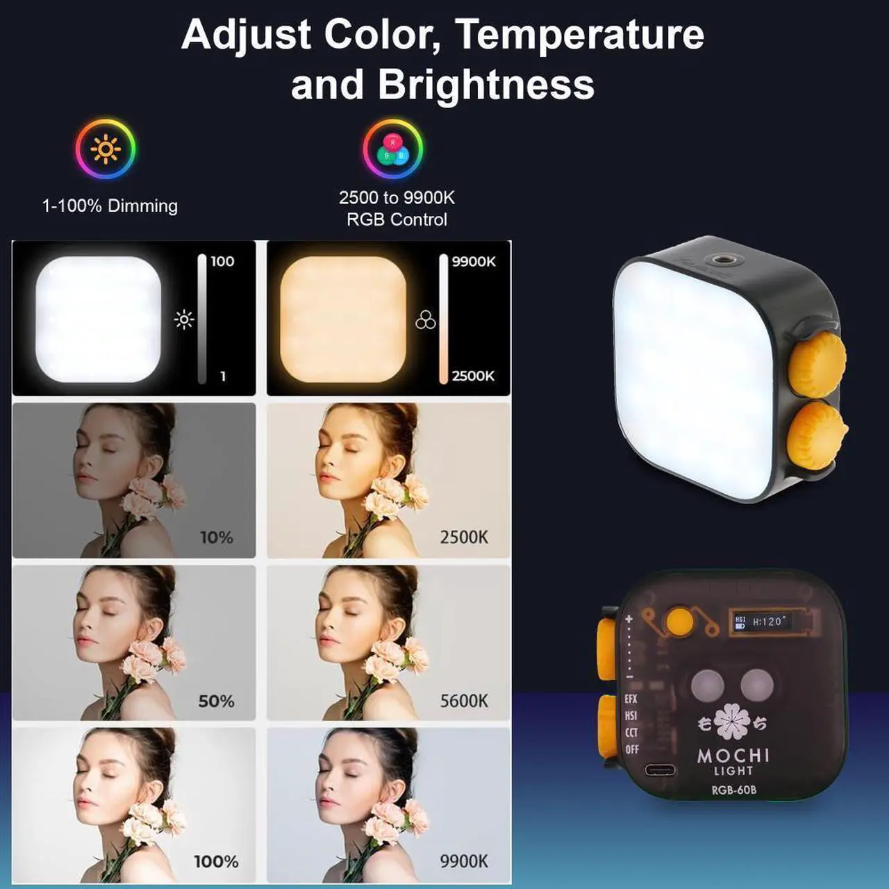 Alt view image 2 of 7 - Genaray Rechargeable RGB Video Light | 360° Full Color Photography Lighting | 2000mAh Li-ion Battery | CCT & HSI Modes | LED Lights Control Knobs | 2500-9900K CCT Range | 1/4-20 Mount Socket(Black)