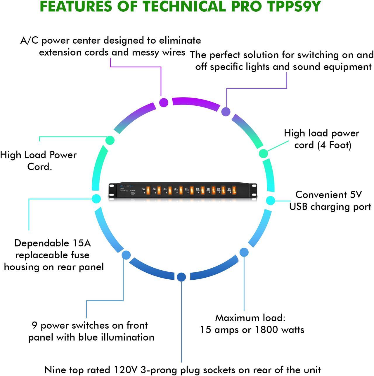 Alt view image 4 of 11 - New Technical Pro Rack Mount Power Strip with 5V USB Charging Port, 9 power switches, Heavy Duty Electric Extension Cords, High Load Power Cord, Max. Load 1800 watts.