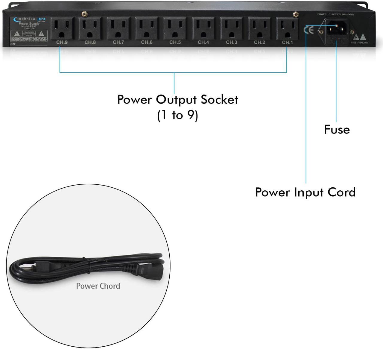 Alt view image 5 of 11 - New Technical Pro Rack Mount Power Strip with 5V USB Charging Port, 9 power switches, Heavy Duty Electric Extension Cords, High Load Power Cord, Max. Load 1800 watts.