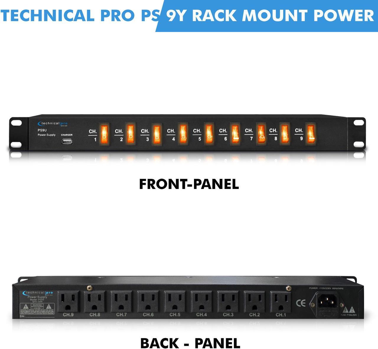 Main image of New Technical Pro Rack Mount Power Strip with 5V USB Charging Port, 9 power switches, Heavy Duty Electric Extension Cords, High Load Power Cord, Max. Load 1800 watts.