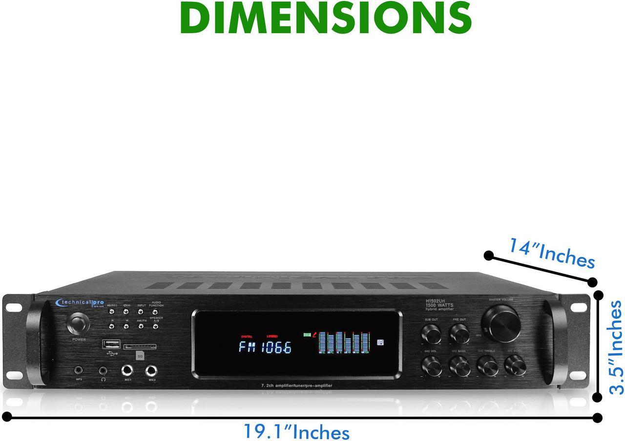 Alt view image 2 of 12 - Technical Pro 15000 Watts Bluetooth Home Stereo Amplifier, Digital Hybrid Multi Channel, Preamp, Tuner with USB, SD Inputs, 2 Mic Inputs, AM/FM digital tuner, Wireless Remote, Bass & Treble Controls