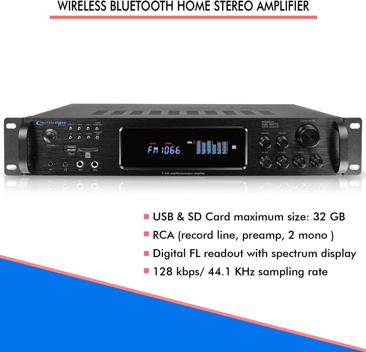 Alt view image 3 of 12 - Technical Pro 15000 Watts Bluetooth Home Stereo Amplifier, Digital Hybrid Multi Channel, Preamp, Tuner with USB, SD Inputs, 2 Mic Inputs, AM/FM digital tuner, Wireless Remote, Bass & Treble Controls