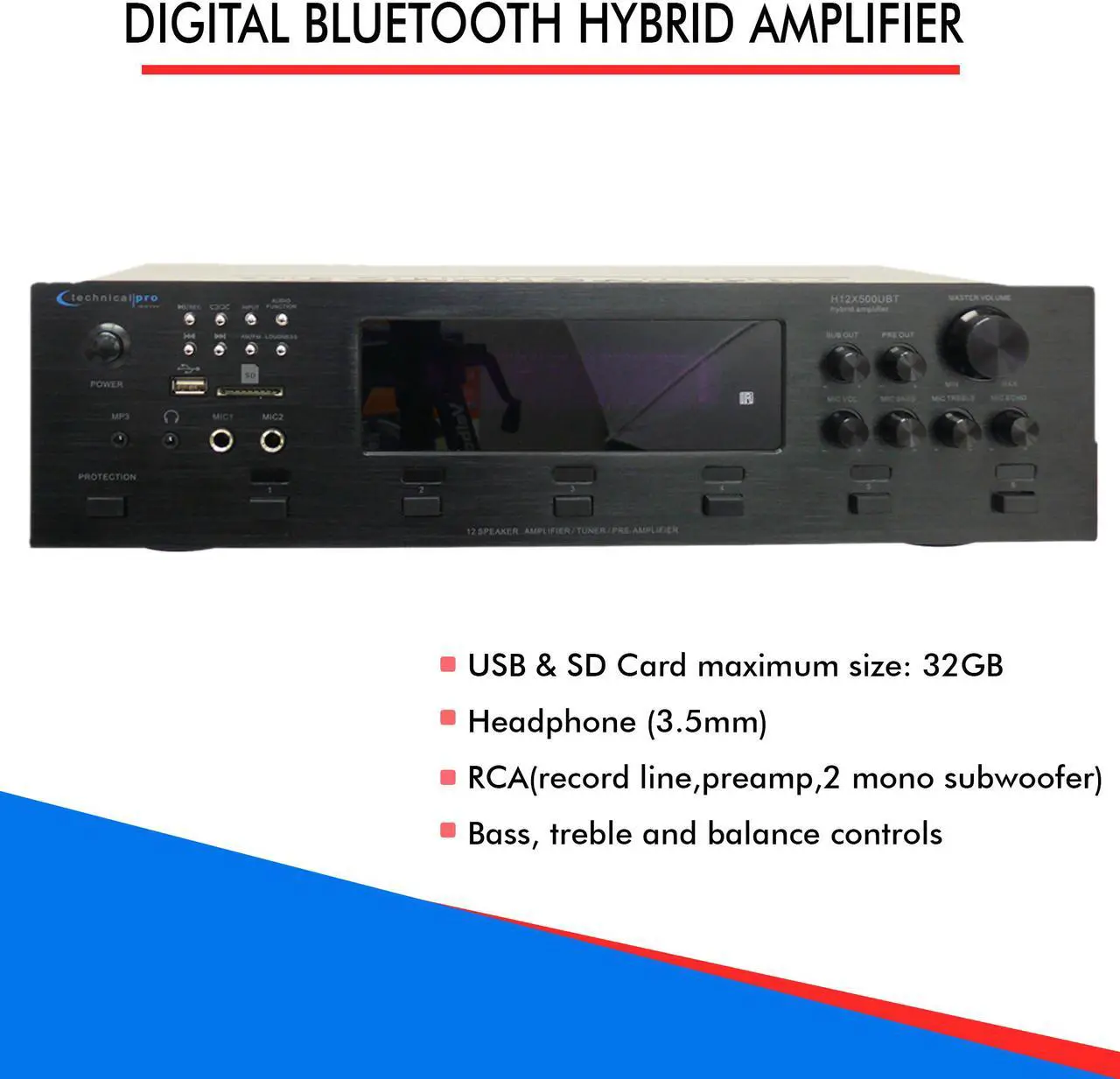 Alt view image 5 of 11 - Technical Pro 6 Zone 6000 Watts Digital Bluetooth Hybrid Amplifier Preamp Tuner w/ Speaker USB and SD Card Output, 2 Mic Inputs, Balance control, Bass and Treble Controls