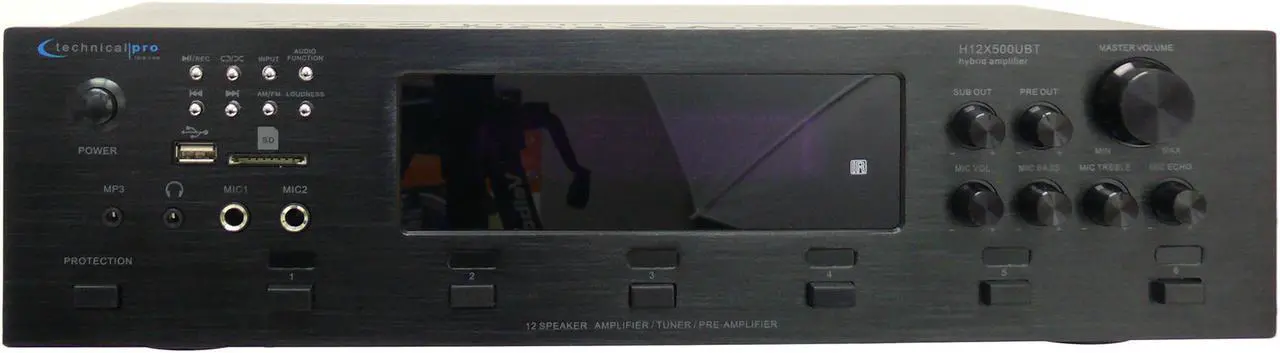 Main image of Technical Pro 6 Zone 6000 Watts Digital Bluetooth Hybrid Amplifier Preamp Tuner w/ Speaker USB and SD Card Output, 2 Mic Inputs, Balance control, Bass and Treble Controls