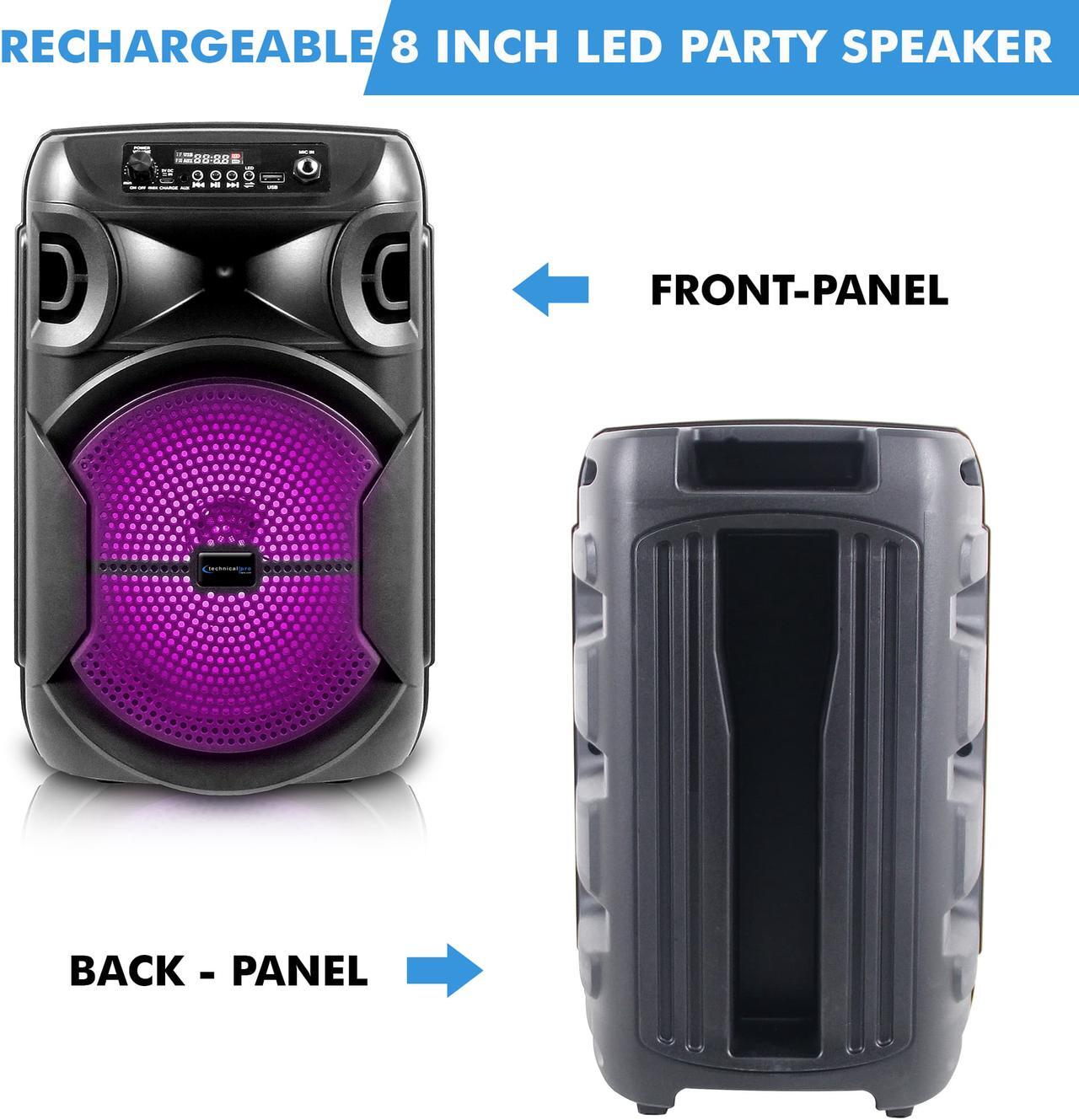 Alt view image 4 of 9 - Technical Pro 8 Inch Portable 800 W Bluetooth Speaker W/Woofer & Tweeter, Festival PA LED, Bluetooth/USB Card Inputs, with UHF Wireless Handheld Microphone w/USB Powered Receiver