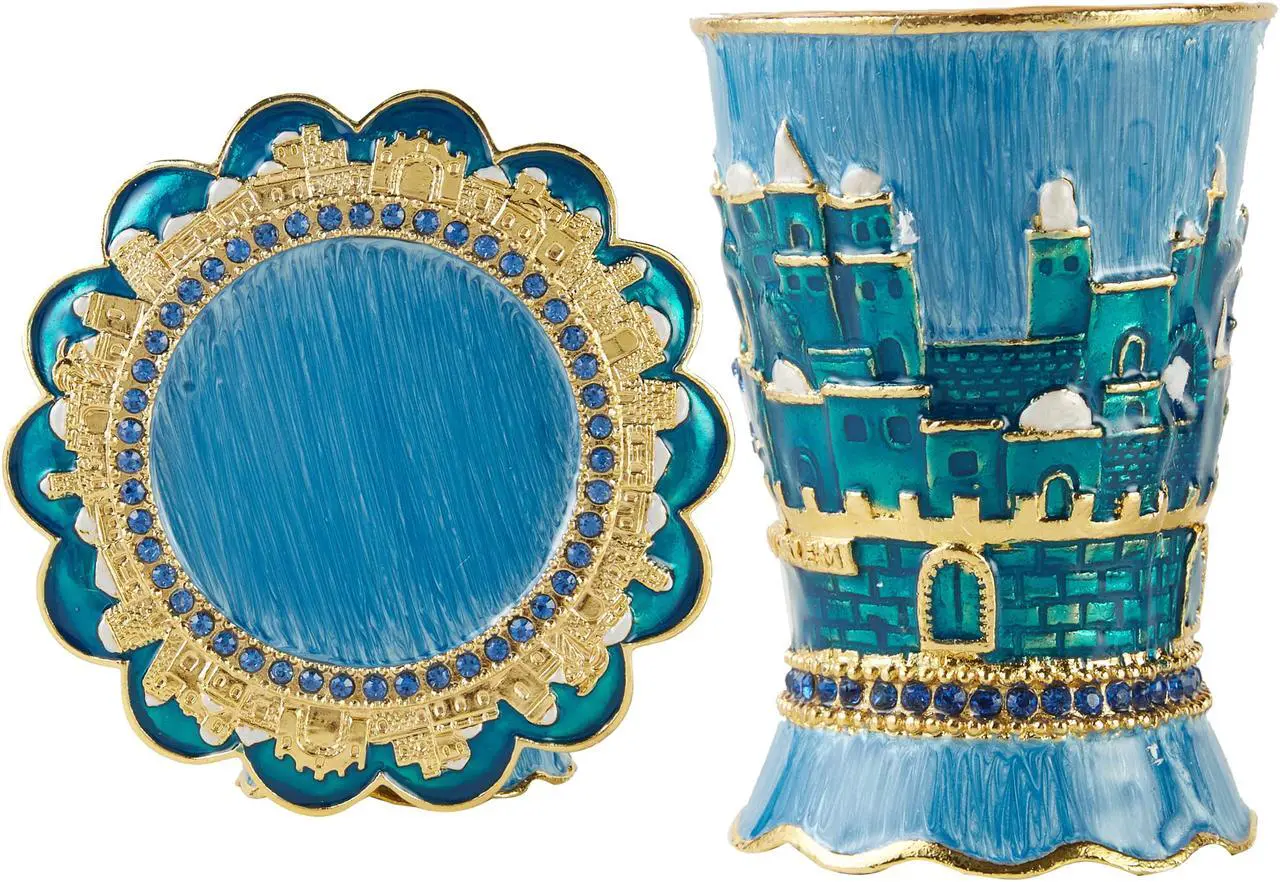 Alt view image 3 of 7 - Matashi Hand-Painted Enamel 3.3'' Tall  Kiddush Cup Set with Tray Embellished with High Quality Crystals and Jerusalem, Judaica Gift