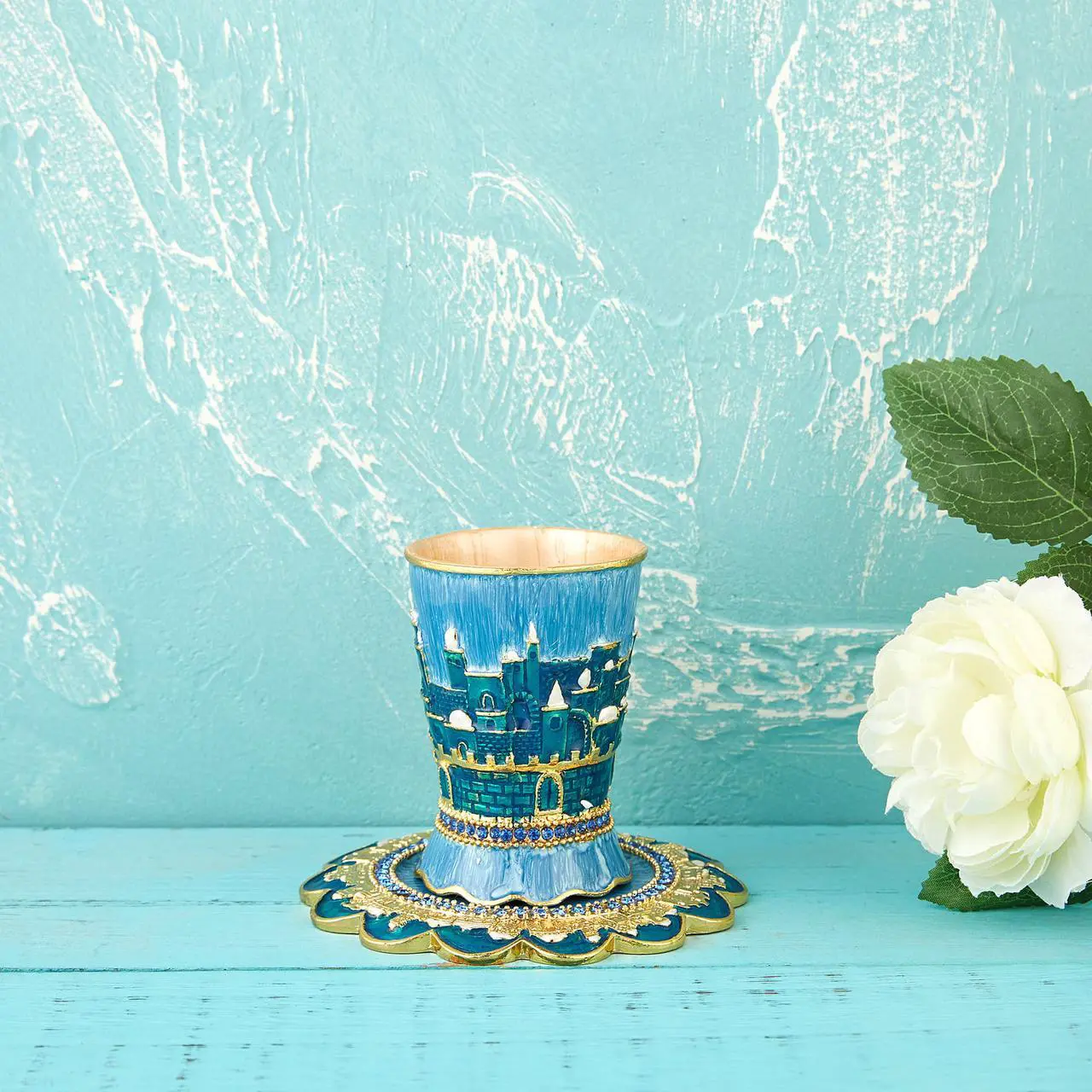 Alt view image 6 of 7 - Matashi Hand-Painted Enamel 3.3'' Tall  Kiddush Cup Set with Tray Embellished with High Quality Crystals and Jerusalem, Judaica Gift