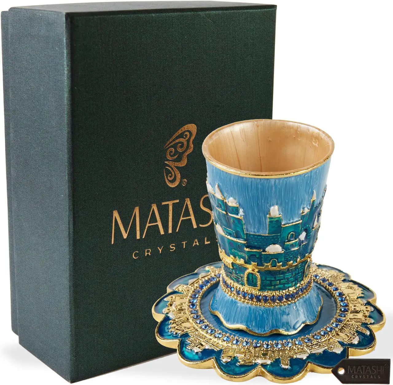 Alt view image 2 of 7 - Matashi Hand-Painted Enamel 3.3'' Tall  Kiddush Cup Set with Tray Embellished with High Quality Crystals and Jerusalem, Judaica Gift