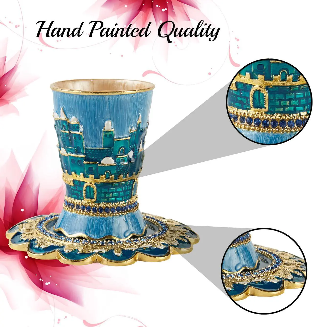 Alt view image 4 of 7 - Matashi Hand-Painted Enamel 3.3'' Tall  Kiddush Cup Set with Tray Embellished with High Quality Crystals and Jerusalem, Judaica Gift