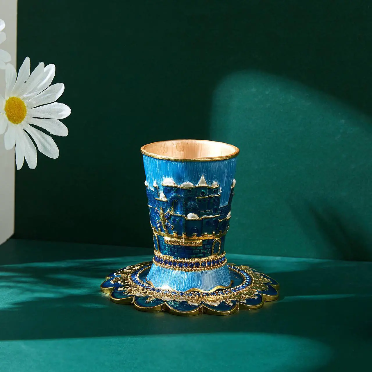 Alt view image 5 of 7 - Matashi Hand-Painted Enamel 3.3'' Tall  Kiddush Cup Set with Tray Embellished with High Quality Crystals and Jerusalem, Judaica Gift