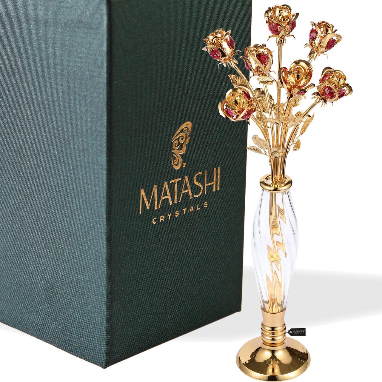 Main image of Matashi 24K Gold Dipped Crystal Studded Rose Bouquet in an Elegant Vase, Beautiful Flower Ornament Crafted with Stunning Crystals