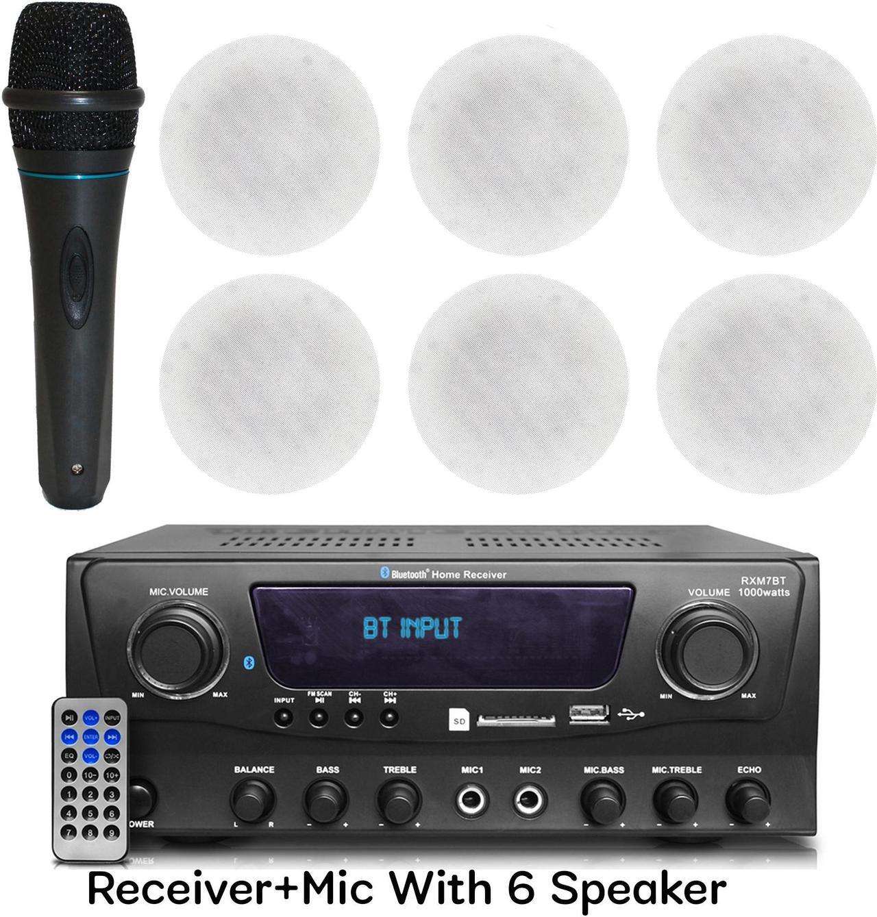 Main image of Technical Pro 1000 Watts Professional Bluetooth Receiver with USB & SD Card Inputs. Portable Microphone with Digital Processing and (Qty 6) 5.25 Ceiling Wall Mount Frame-less Speakers