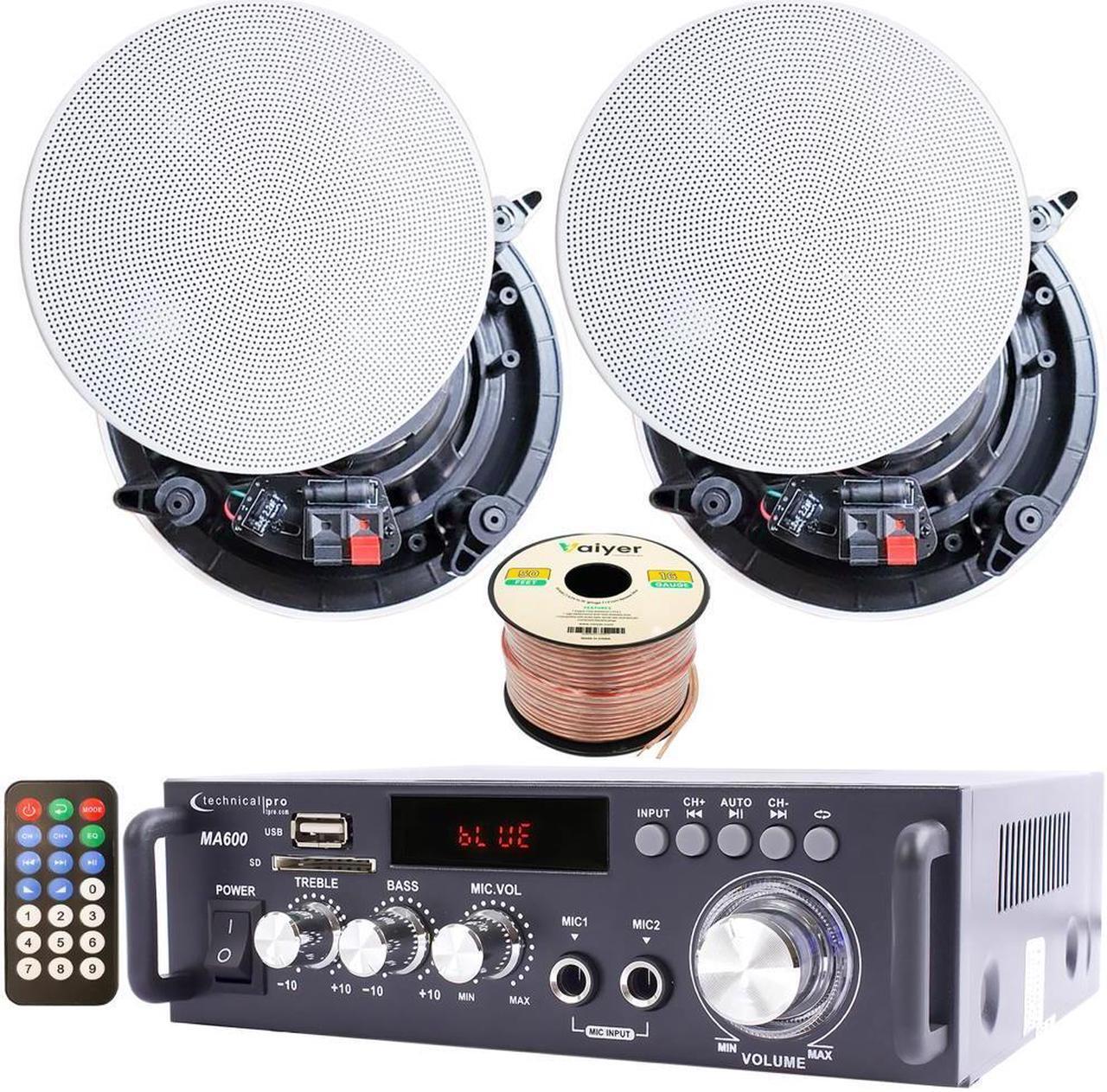 Main image of Home Theater System Kit  2 Channel, 600 Watts Bluetooth Amplifier w/ 2 QTY of 5.25" Frameless Ceiling Speakers 175W Each, 50 ft Speaker Wire & Remote Perfect for Office, Restaurant by Technical Pro