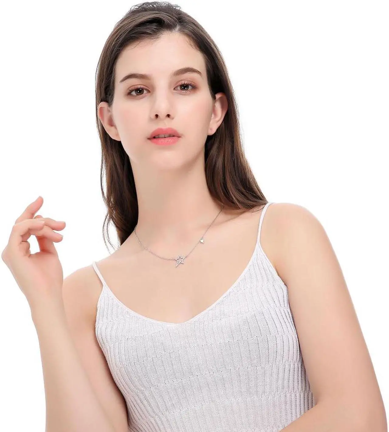 Alt view image 4 of 4 - Rhodium Plated CZ Star Chain Necklace for Women - Chic CZ Pendant with Adjustable Chain– Charm Dainty Chainlink Star Pendant - Ideal Birthday & Graduation Gift by Matashi