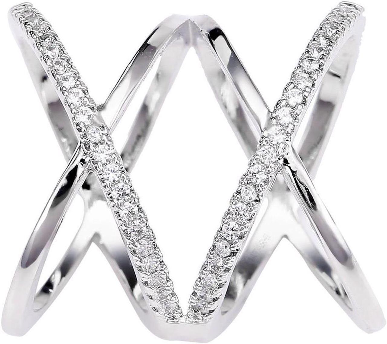 Alt view image 5 of 7 - Matashi Rhodium Plated Crisscross Design Luxury Ring With CZ Stones Size 7
