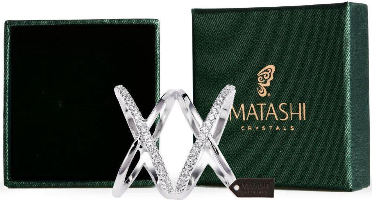 Main image of Rhodium Plated Crisscross Design Luxury Ring With CZ Stones Size 5 By Matashi