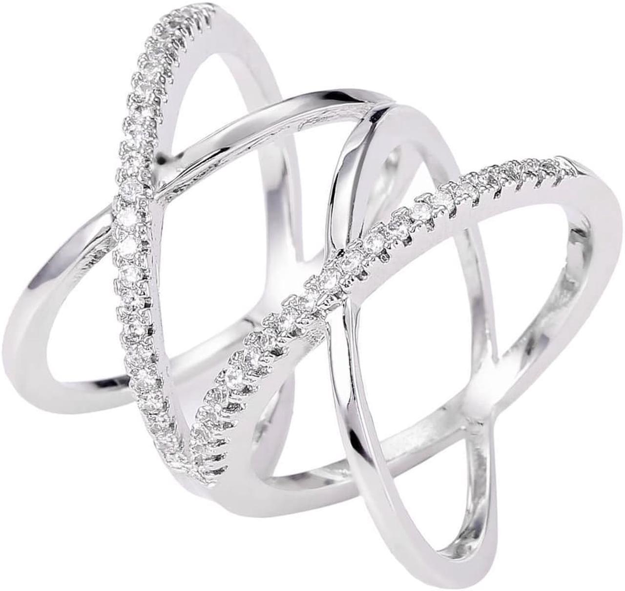 Alt view image 6 of 7 - Rhodium Plated Crisscross Design Luxury Ring With CZ Stones Size 5 By Matashi