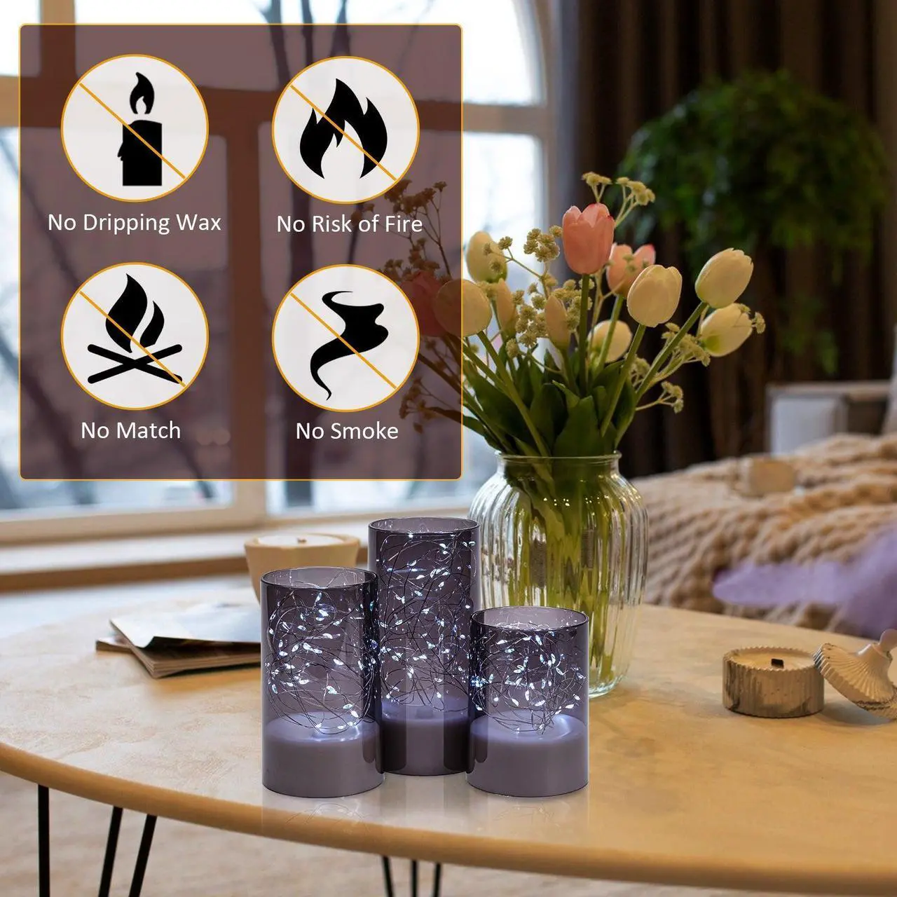 Alt view image 4 of 7 - IMAGE 3PCS Acrylic Shell Pillar LED Candles Featuring 13-Key Remote Timer, Battery Operated for Home, Wedding and Party Decor, Grey