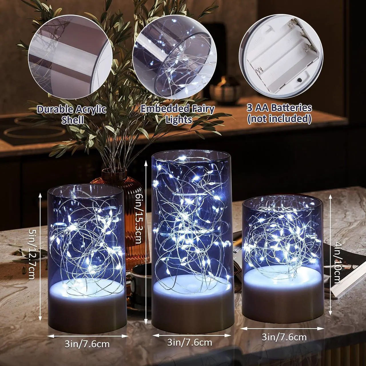 Alt view image 2 of 7 - IMAGE 3PCS Acrylic Shell Pillar LED Candles Featuring 13-Key Remote Timer, Battery Operated for Home, Wedding and Party Decor, Grey