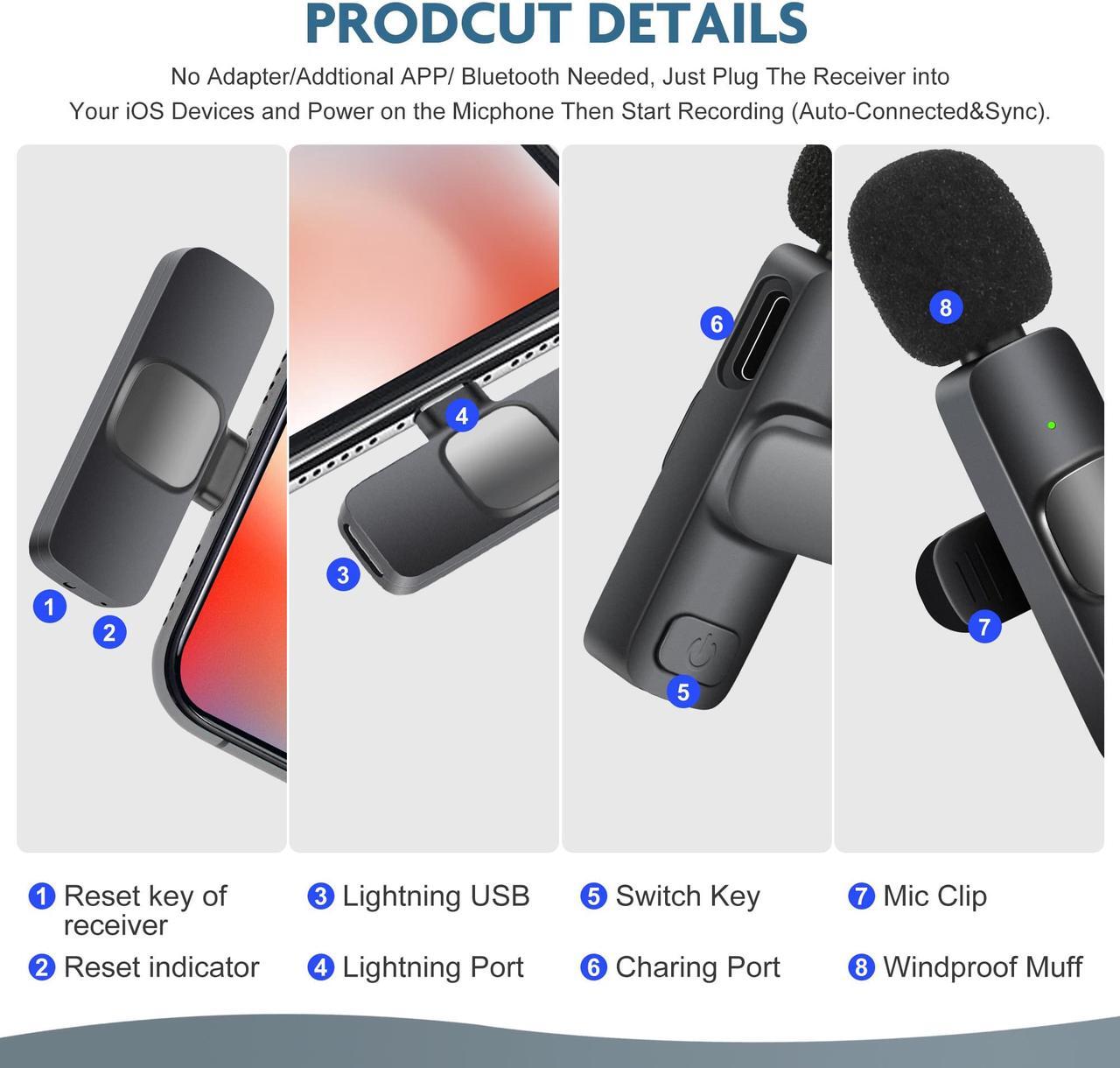 Alt view image 7 of 7 - AGPtek Dual Wireless Lavalier Microphone for Apple iPhone 13 12 11 Max Pro SE 7 8 X XR XS - Wireless bluetooth microphone for Recording Youtube Facebook Live Stream Tiktok Vlog Interview,Plug and Play