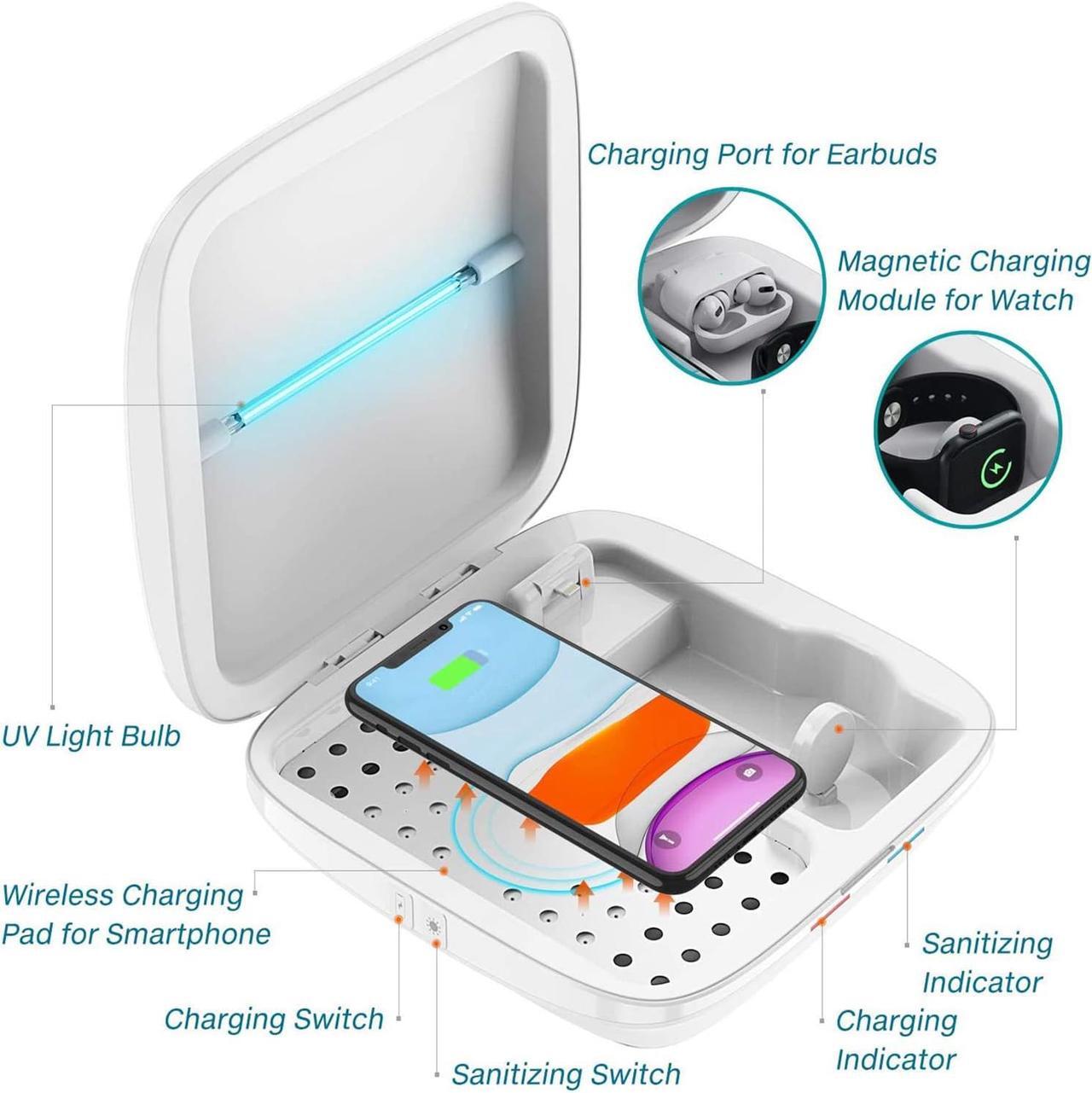 Alt view image 3 of 7 - AGPtek 3 in 1 UV sterilizer box UVC UVC Sterilizing Disinfection Light case Phone Sanitizer with Wireless Charging Station for iPhone Android Mobile Phone Toothbrush Keys