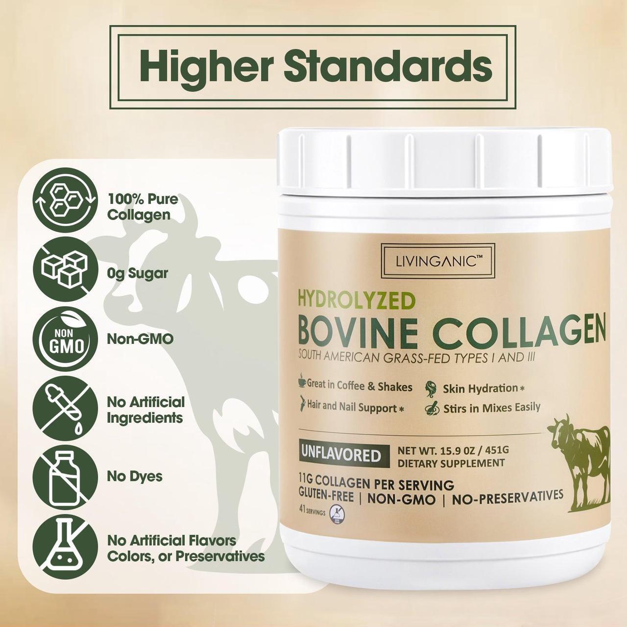 Alt view image 2 of 7 - LIVINGANIC Hydrolyzed Bovine Collagen,15.9oz Types I & III, Grass-Fed, Pasture-Raised Protein, Zero Sugar Supplement for Healthy Skin, Nails, Bones & Joints Unflavored 41 Servings