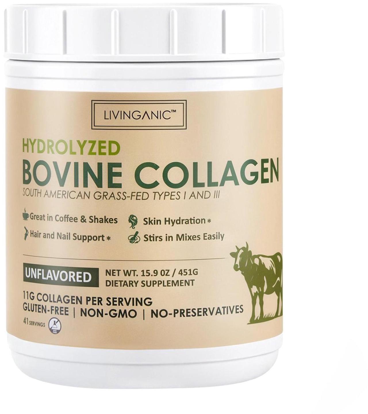 Main image of LIVINGANIC Hydrolyzed Bovine Collagen,15.9oz Types I & III, Grass-Fed, Pasture-Raised Protein, Zero Sugar Supplement for Healthy Skin, Nails, Bones & Joints Unflavored 41 Servings