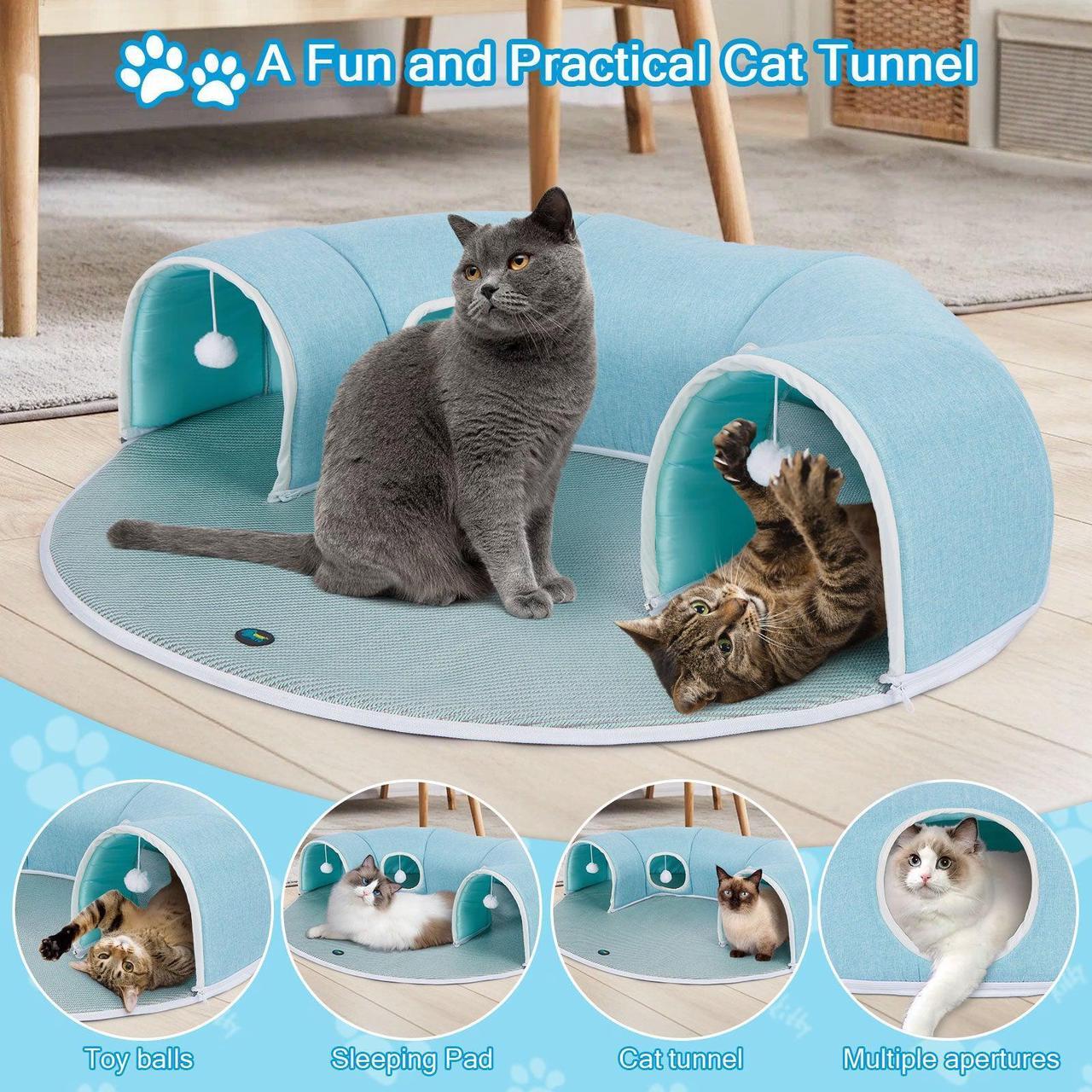 Alt view image 2 of 7 - Ownpets 2-in1 Detachable Arch Cat Tunnel & Cooling Pad Convertible Pet Play Mat with Ventilated Openings & Hanging Ball Toy, 10"