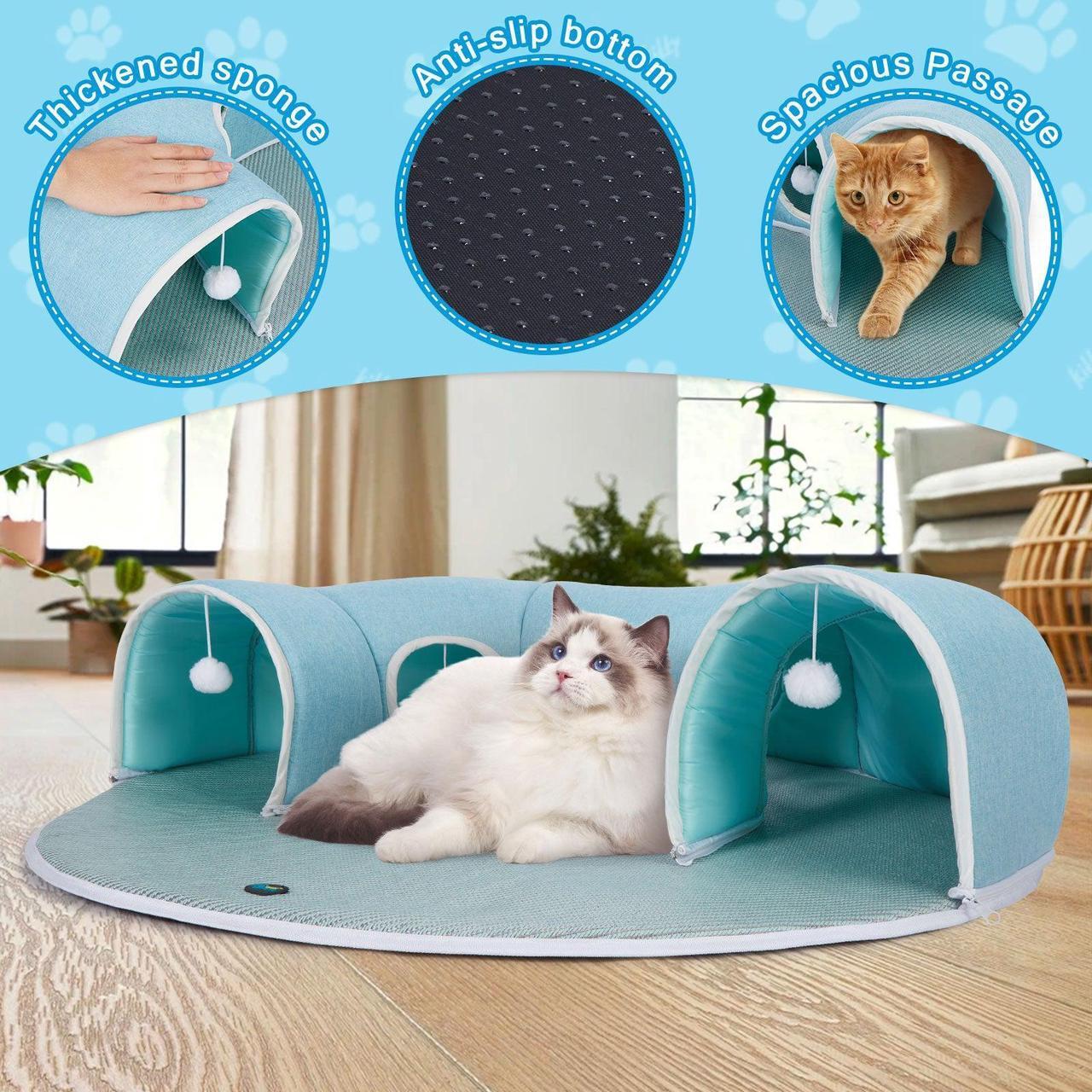 Alt view image 3 of 7 - Ownpets 2-in1 Detachable Arch Cat Tunnel & Cooling Pad Convertible Pet Play Mat with Ventilated Openings & Hanging Ball Toy, 10"