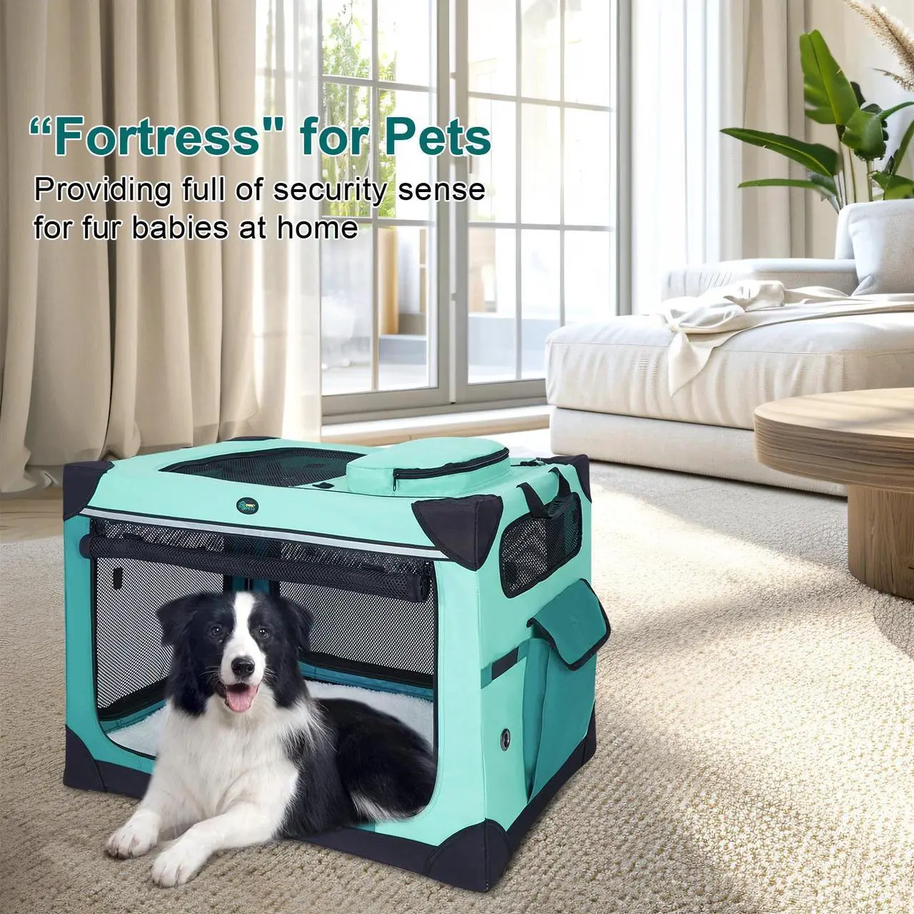 Alt view image 2 of 7 - Ownpets Collapsible Dog Crate, Portable Travel Dog Crate for Large Dogs, 4-Door Foldable Pet Kennel with Durable Mesh Windows & Soft Mat