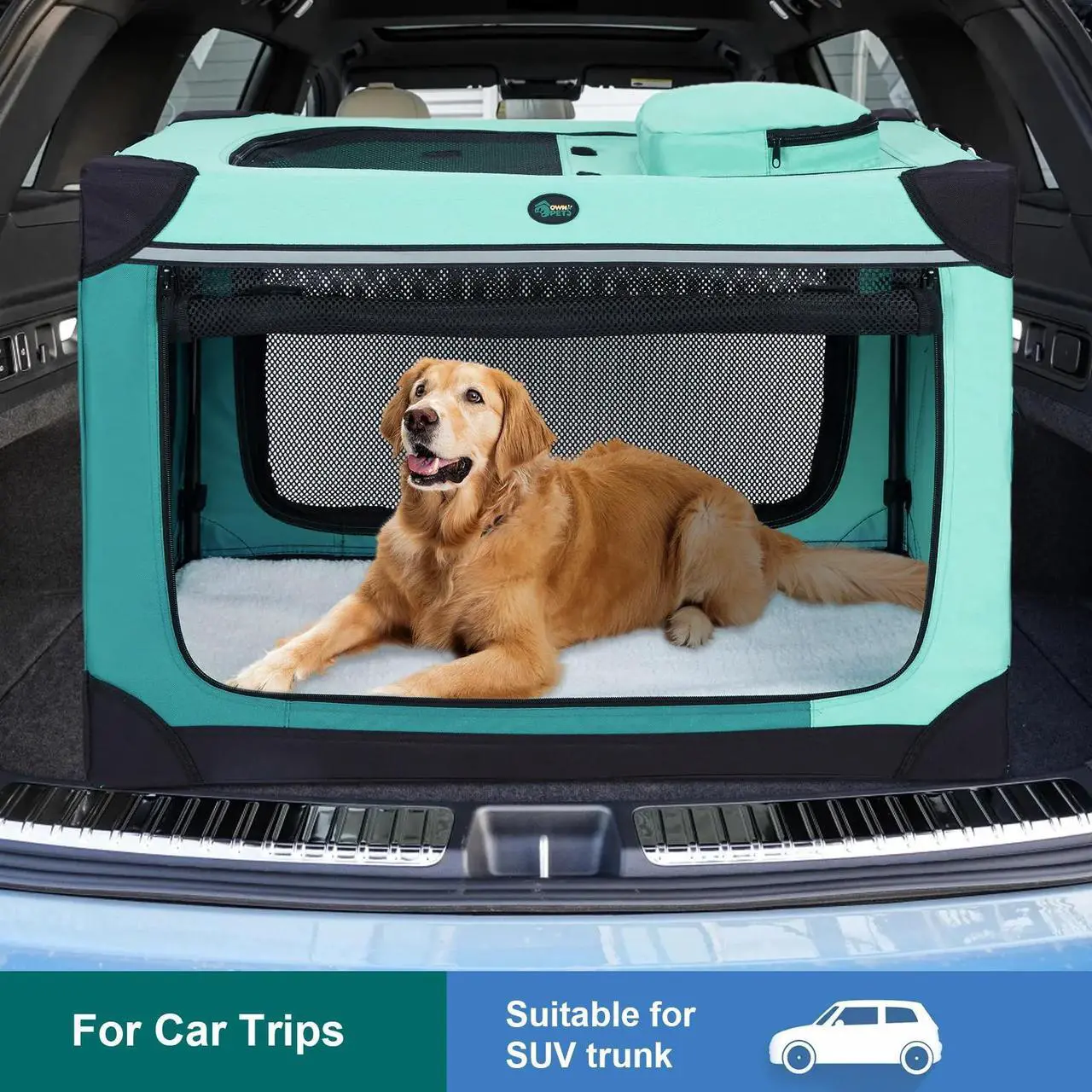 Alt view image 7 of 7 - Ownpets Collapsible Dog Crate, Portable Travel Dog Crate for Large Dogs, 4-Door Foldable Pet Kennel with Durable Mesh Windows & Soft Mat