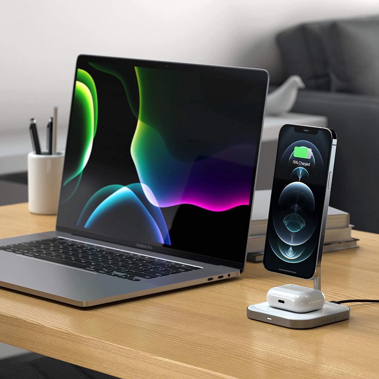Alt view image 2 of 6 - Satechi Aluminum 2-in-1 Magnetic Wireless Charging Stand – Compatible with iPhone 12 Pro Max/12 Pro/12 Mini/12 with MagSafe, AirPods Pro