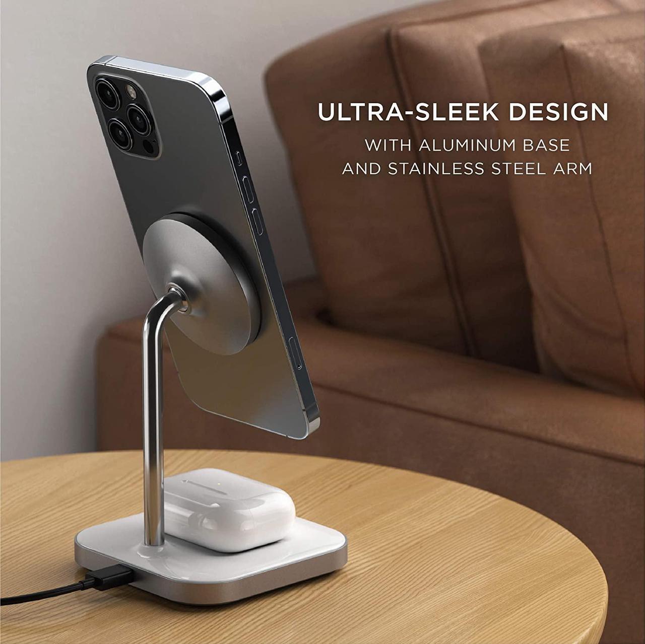 Alt view image 4 of 6 - Satechi Aluminum 2-in-1 Magnetic Wireless Charging Stand – Compatible with iPhone 12 Pro Max/12 Pro/12 Mini/12 with MagSafe, AirPods Pro