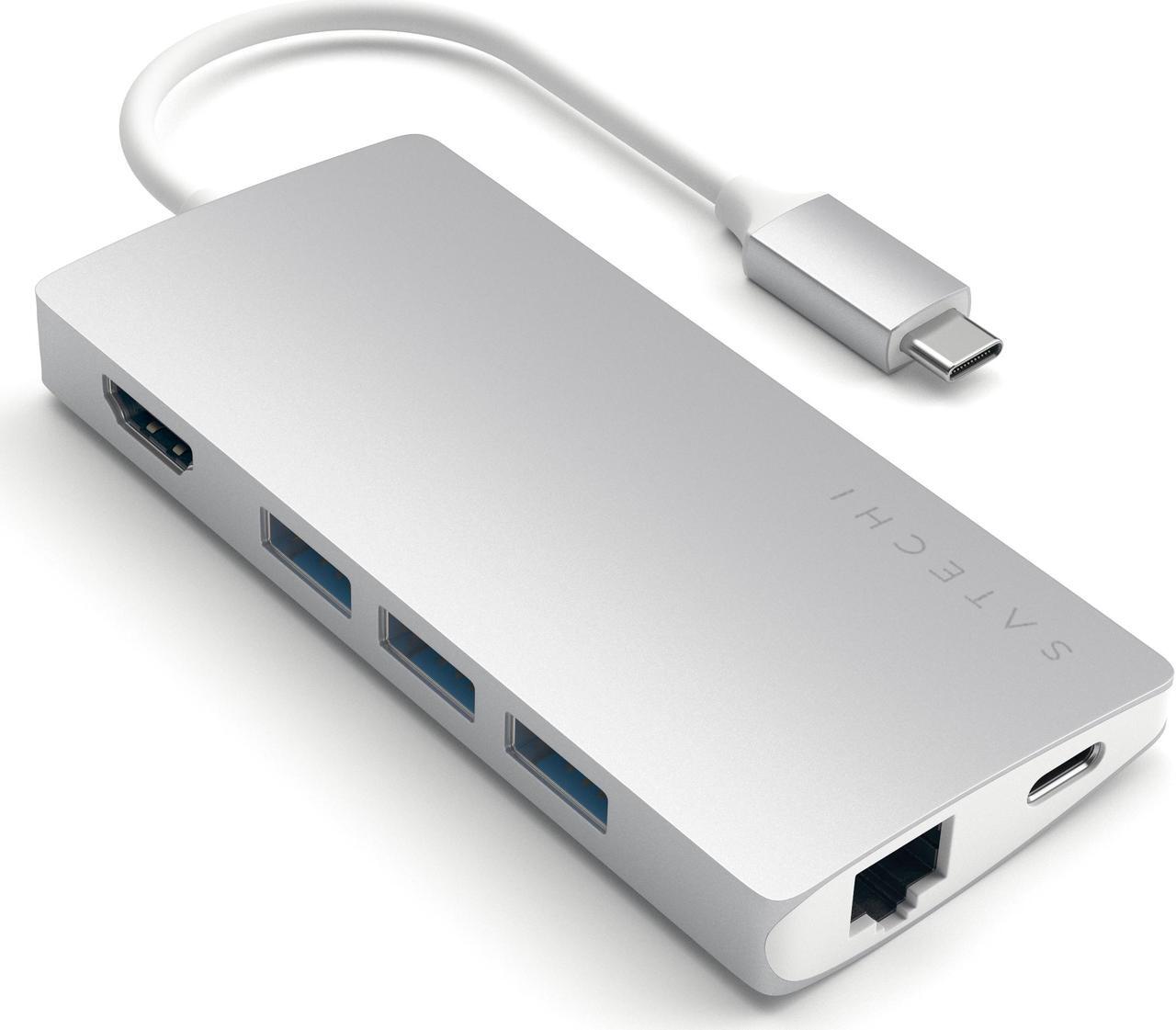 Alt view image 2 of 5 - Satechi Aluminum Multi-Port Adapter V2 - 4K HDMI (30Hz), Gbit Ethernet, USB-C Pass-Through, SD/Micro Card Readers, USB 3.0 - Compatible with 2020/2019/2018 MacBook Pro/MacBook Air/iPad Pro  (Silver)