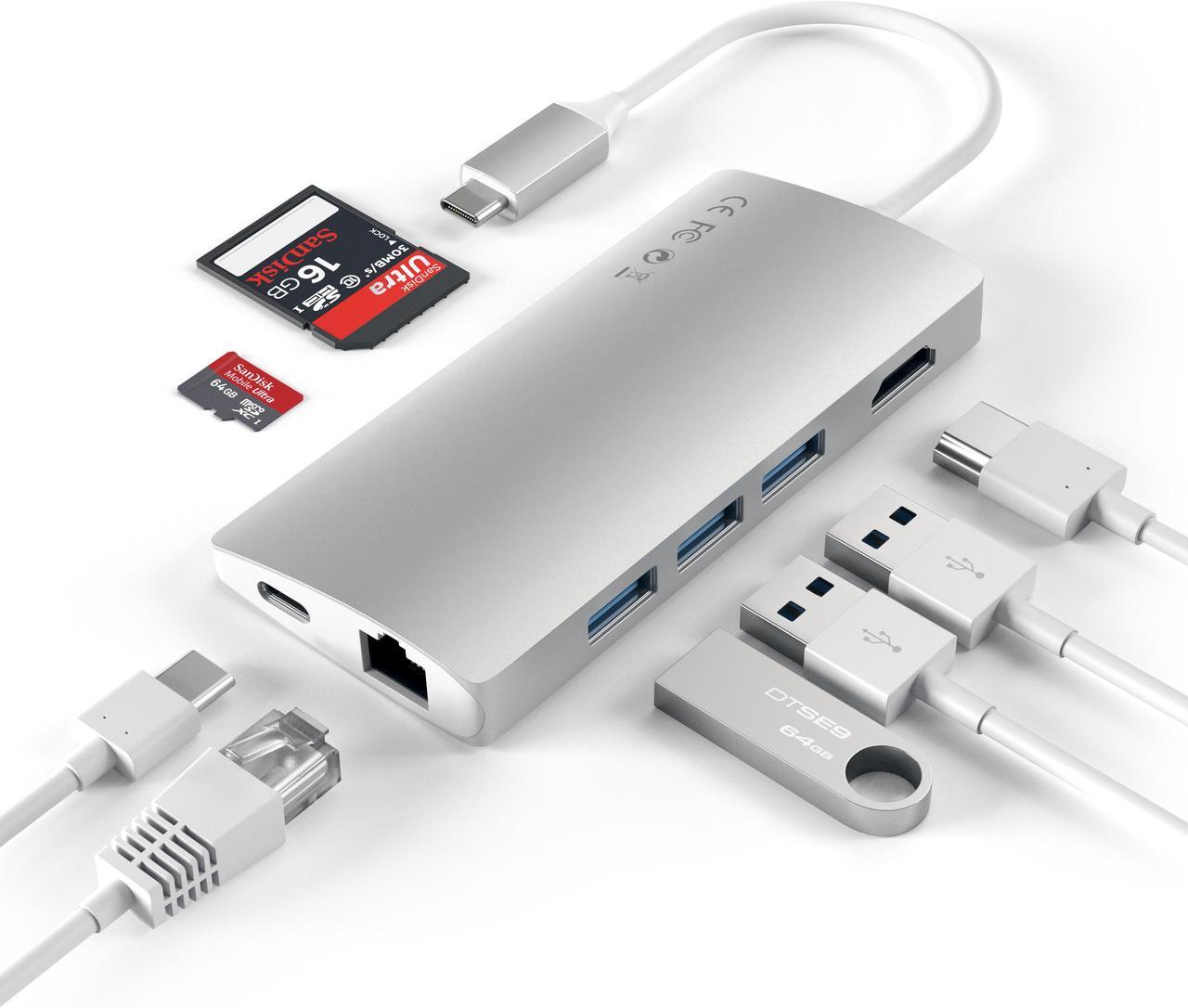 Alt view image 4 of 5 - Satechi Aluminum Multi-Port Adapter V2 - 4K HDMI (30Hz), Gbit Ethernet, USB-C Pass-Through, SD/Micro Card Readers, USB 3.0 - Compatible with 2020/2019/2018 MacBook Pro/MacBook Air/iPad Pro  (Silver)