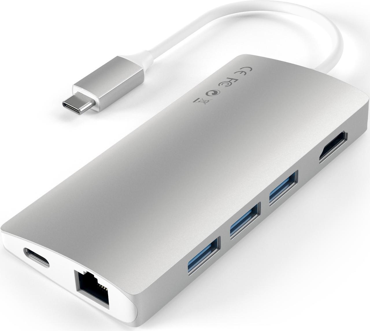 Alt view image 3 of 5 - Satechi Aluminum Multi-Port Adapter V2 - 4K HDMI (30Hz), Gbit Ethernet, USB-C Pass-Through, SD/Micro Card Readers, USB 3.0 - Compatible with 2020/2019/2018 MacBook Pro/MacBook Air/iPad Pro  (Silver)