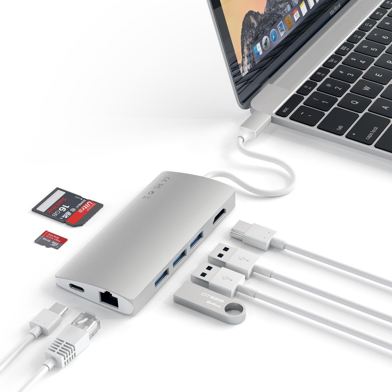 Main image of Satechi Aluminum Multi-Port Adapter V2 - 4K HDMI (30Hz), Gbit Ethernet, USB-C Pass-Through, SD/Micro Card Readers, USB 3.0 - Compatible with 2020/2019/2018 MacBook Pro/MacBook Air/iPad Pro  (Silver)