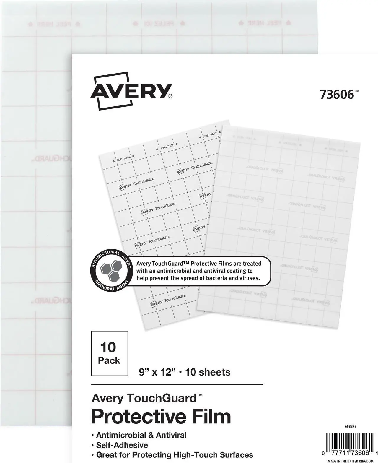 Alt view image 5 of 8 - Avery TouchGuard Protective Film, Antimicrobial and Antiviral Protection, 9" x 12", 10 Sheets (73606)