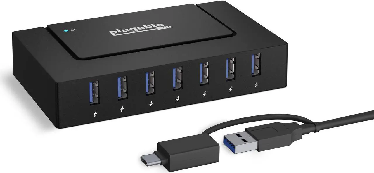 Alt view image 13 of 17 - Plugable 7-in-1 USB Powered Hub for Laptops with USB-C or USB 3.0 - USB Power Station for Multiple Devices and USB Data Transfer with a 60W Power Adapter, Driverless