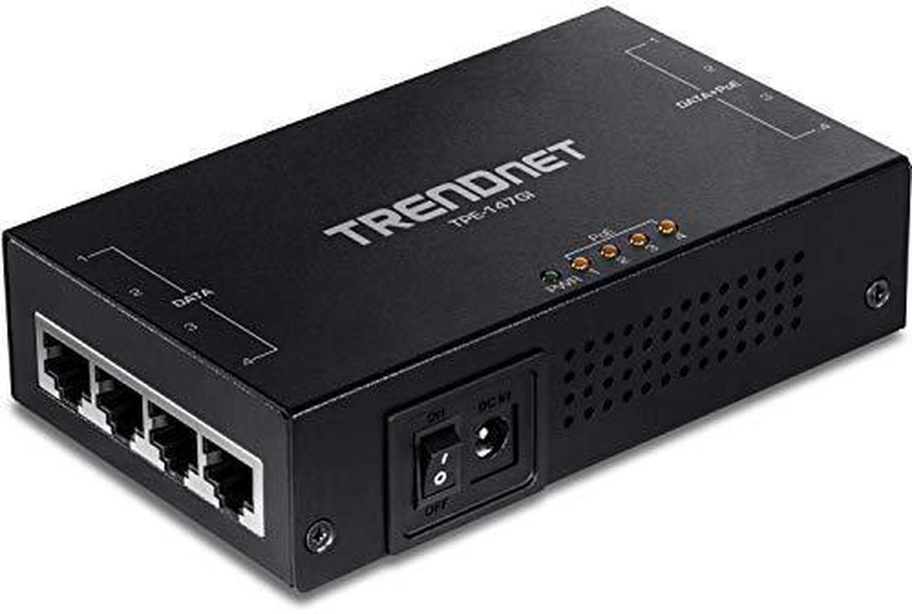 trendnet 65w 4-port gigabit poe+ injector, tpe-147gi, 4 x gigabit ports(data in), 4 x gigabit poe ports(data + poe out), multi-port poe+ injector up to 100m(328 ft.), add poe+ power to non-poe switch