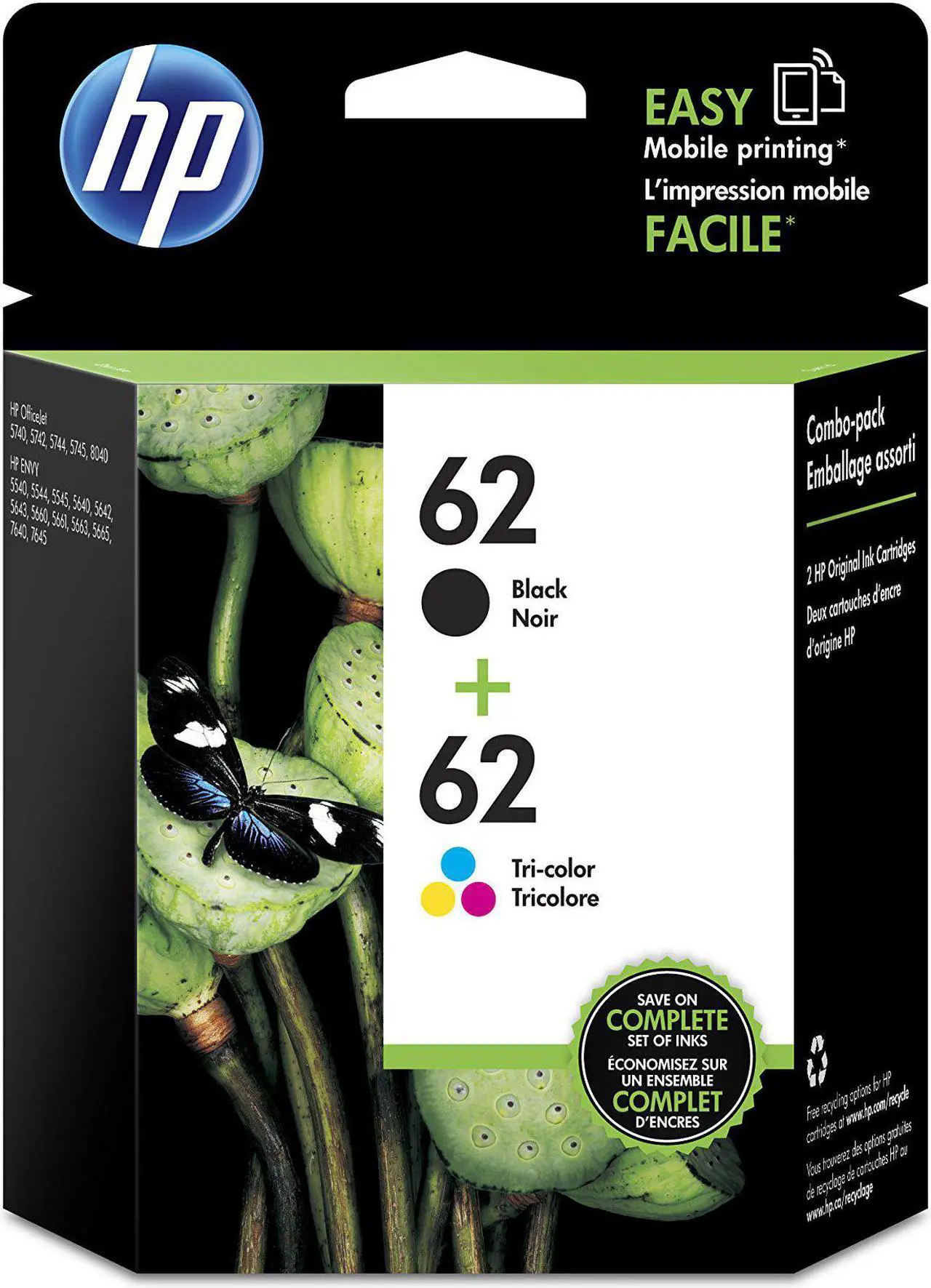 Alt view image 3 of 3 - HP 62 Tri-Color/Black Ink Combo Cartridge, 2pk N9H64FN#140