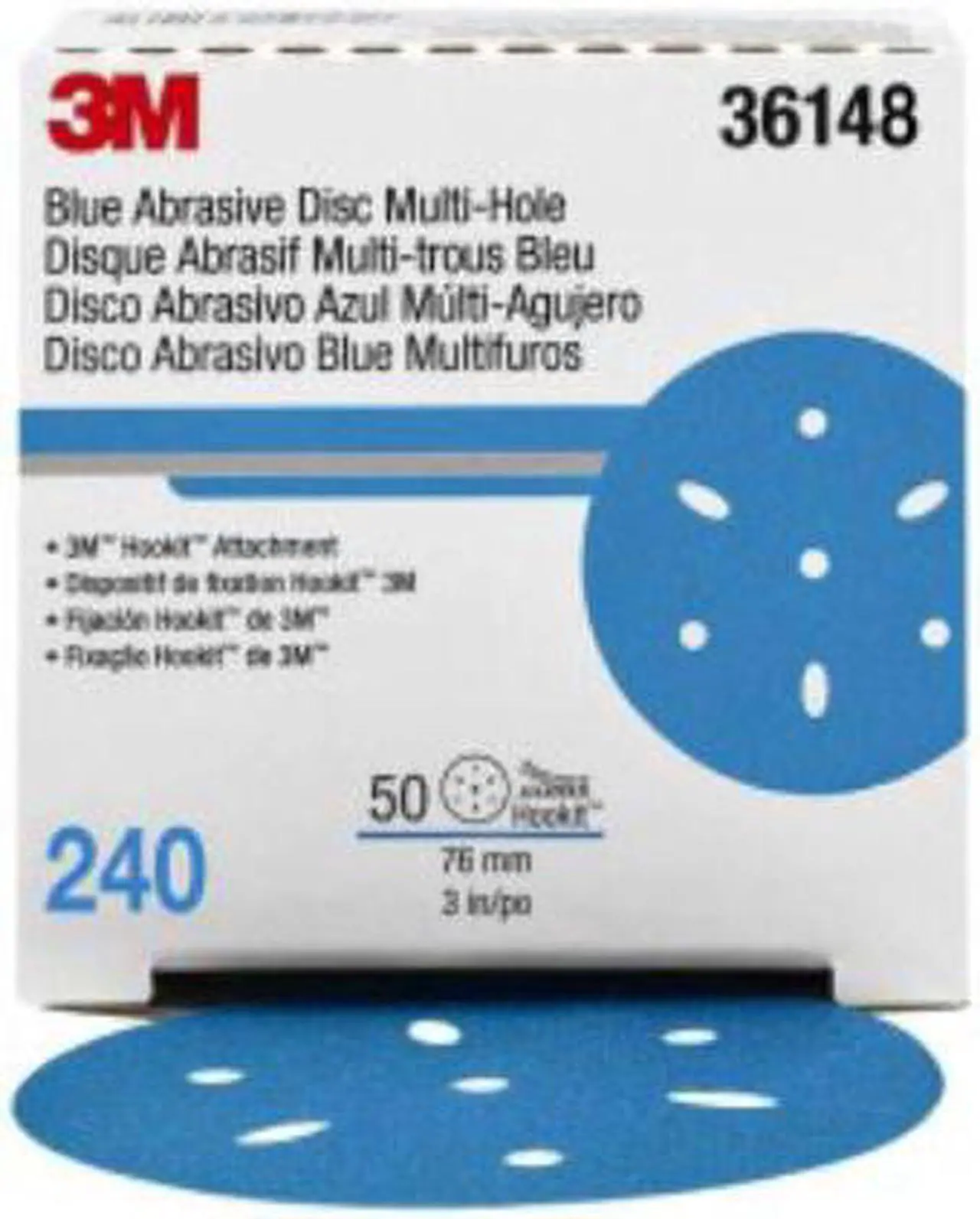 Alt view image 3 of 3 - 3M Hookit Blue Abrasive Disc Multi-hole, 36148, 3 in, 240 grade, 50 discs